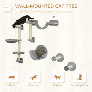 Wall shelves with hammock, scratching post, perches and ladder, light grey