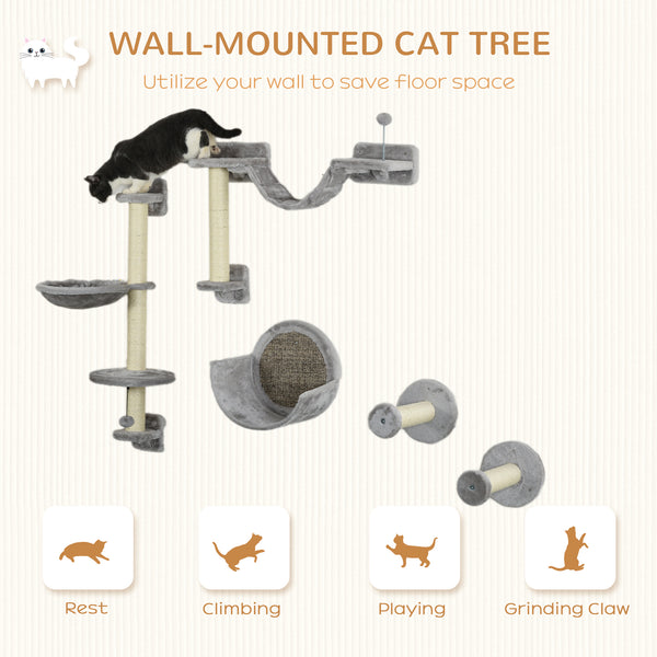 Wall shelves with hammock, scratching post, perches and ladder, light grey