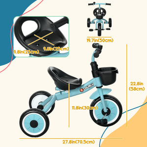 Tricycle with adjustable seat, basket, bell, blue