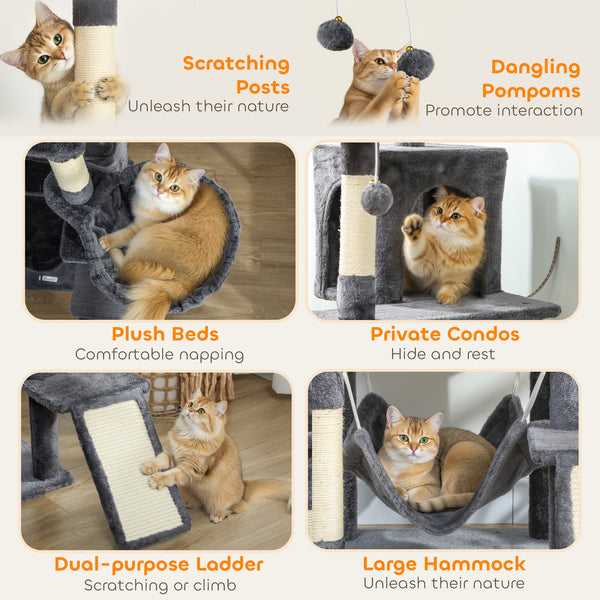 193cm Large Cat Tree for Indoor Cats with 8 Scratching Posts, 3 Soft Beds, 2 Hammocks, 2 Large Shelters and a Ramp, Dark Grey