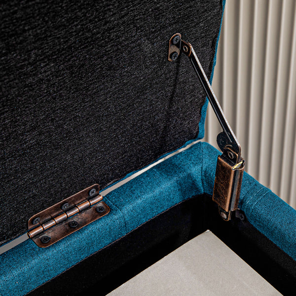 Linen fabric storage pouf with button tufting, blue