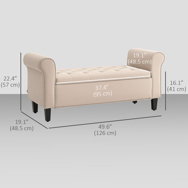 Ottoman storage bench, button-tufted seat and rolled arms – Beige