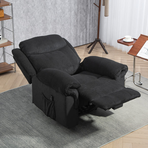 Manual reclining armchair with vibration massage, side pockets, in corduroy, black