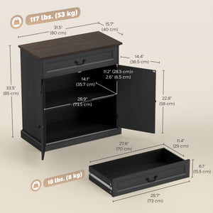 Farmhouse style buffet, thick top, silent drawer and adjustable shelf, black wood finish.