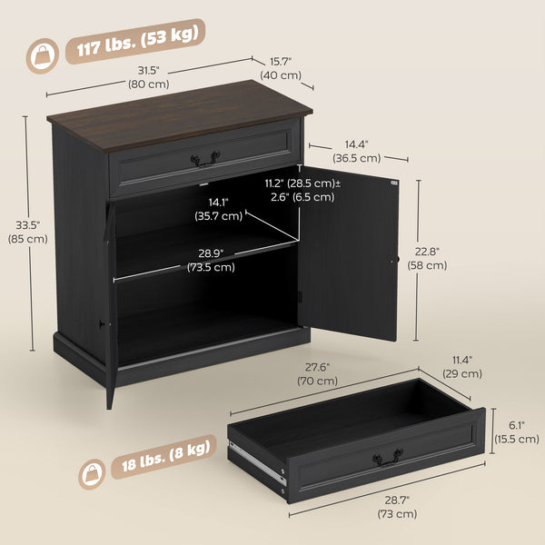 Farmhouse style buffet, thick top, silent drawer and adjustable shelf, black wood finish.