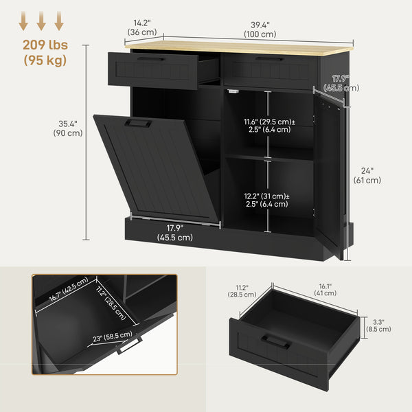 Tilt-out hidden trash can cabinet with 2 drawers, black