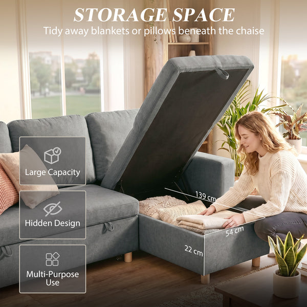 Convertible sectional sofa with pull-out bed, reversible chaise, and storage – Light gray