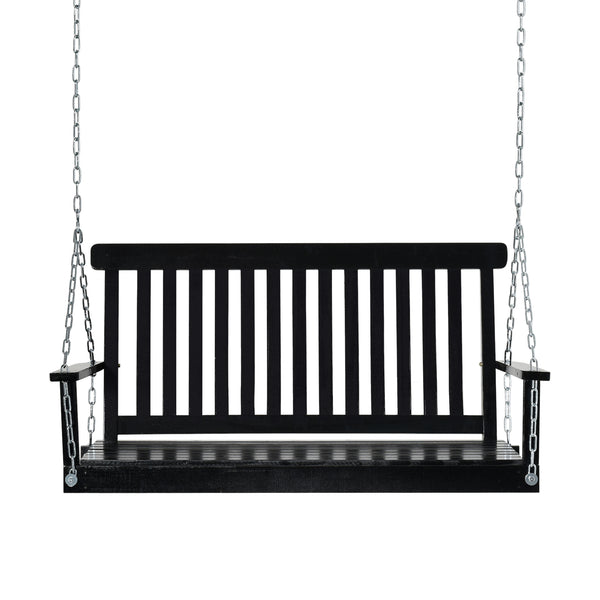 2-Seater Patio Swing Chair, Fir Wooden Porch Swing with Slatted Design, Hanging Chains for Outdoor, Garden, Black