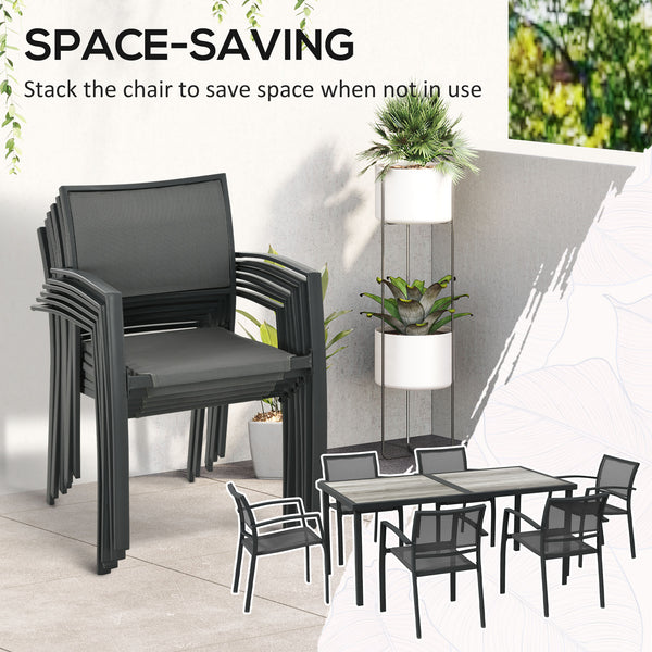 7 Piece Outdoor Dining Set with 6 Stackable Chairs, Patio Table and Chairs with Plastic Top and Breathable Mesh Backrest