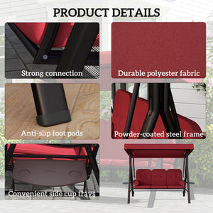 Swing chair for 3 people with steel canopy and padded seat, wine red
