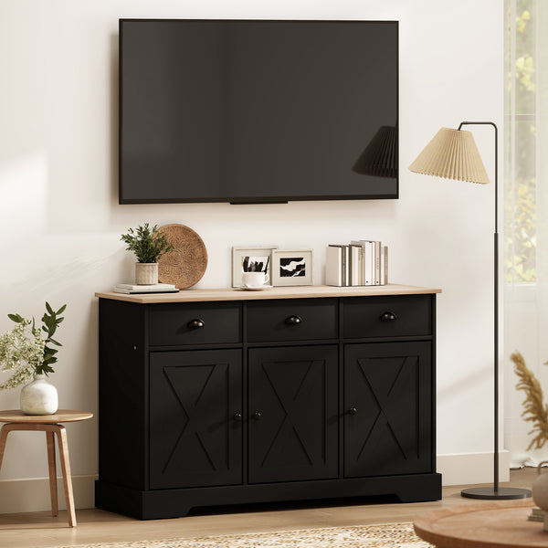 Farmhouse style sideboard, with 3 sliding doors and 3 drawers, for living room or kitchen, black.