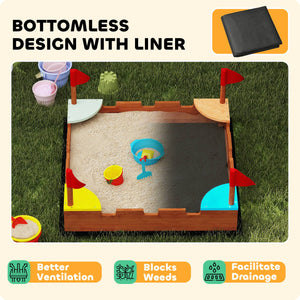 Wooden sandbox with flags, 4 built-in colorful corner seats, brown wood