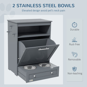 Grey food storage cabinet with elevated bowls