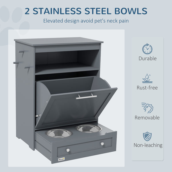 Grey food storage cabinet with elevated bowls