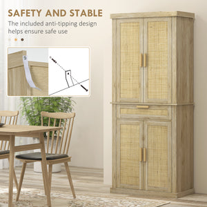 Rattan pantry with 4 doors, drawer, 5-tier shelf, adjustable shelves, oak color