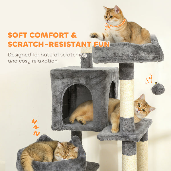 193cm Large Cat Tree for Indoor Cats with 8 Scratching Posts, 3 Soft Beds, 2 Hammocks, 2 Large Shelters and a Ramp, Dark Grey