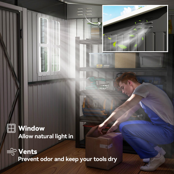 Outdoor garden shed made of galvanized steel, with window, wide lockable doors and vents, dark gray