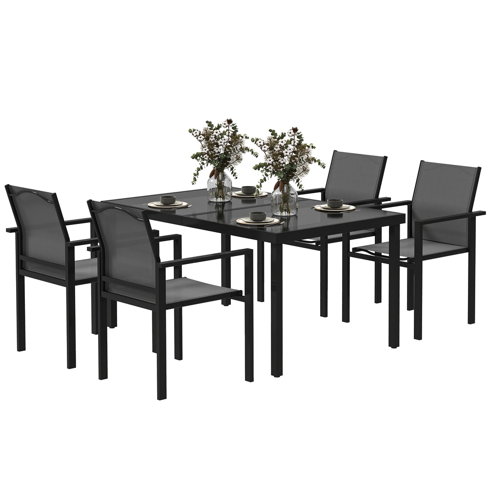 5-Piece Patio Dining Set with 4 Stackable Chairs, Tempered Glass Top and Rust-Proof Metal Frame