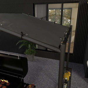 Barbecue shelter with steel frame and serving shelves, dark grey