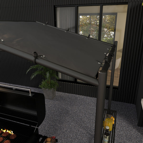 Barbecue shelter with steel frame and serving shelves, dark grey
