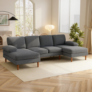 U-shaped corner sofa with double chaise longue, 4-seater with wooden legs, dark grey