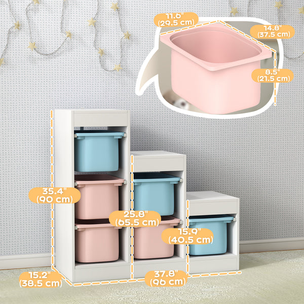 3-Tier Storage Shelf with 6 Plastic Bins, Blue and Pink