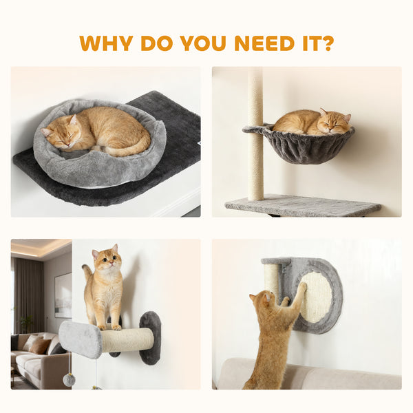 Wall-mounted cat tree with scratching post and cushion