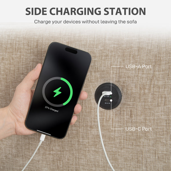 3-seater sofa with USB ports and cup holders, light brown