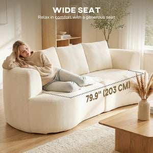 Three-seater sofa in chenille without frame, wide seat, spring cushions, high-density foam, 3 cushions, cream white