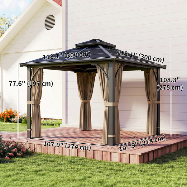 10' x 10' rigid gazebo with double polycarbonate roof, mosquito netting, and curtains, khaki 