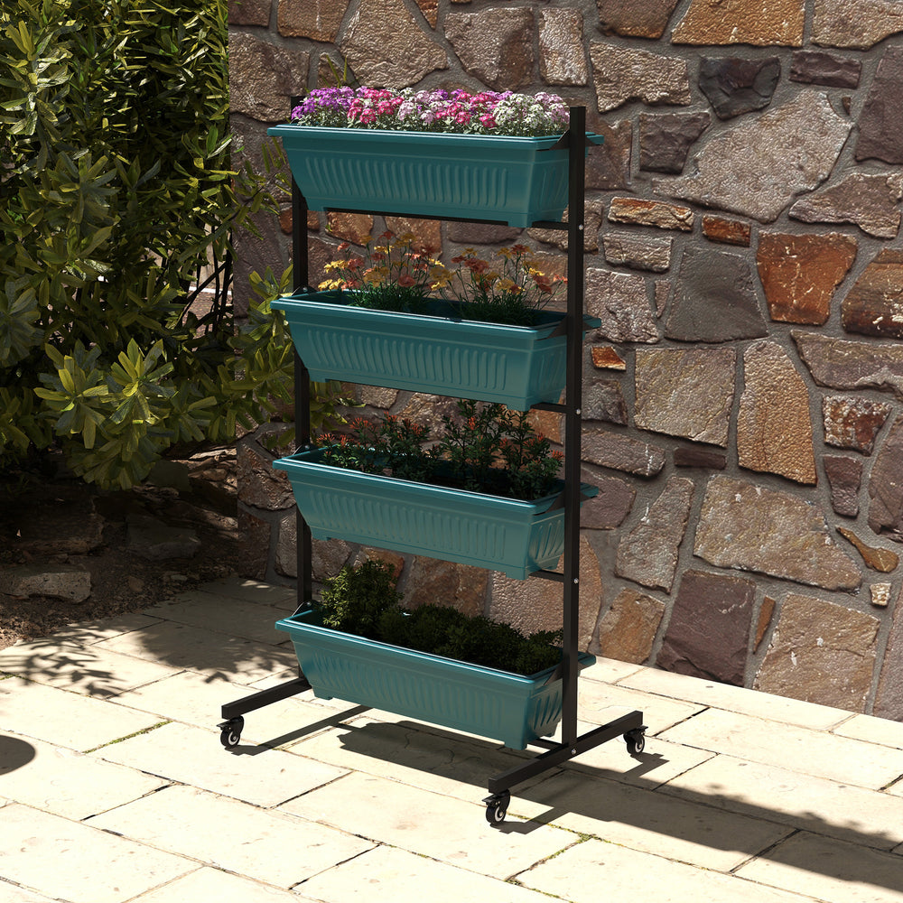 4-Tier Vertical Raised Garden Bed with 4 Bins, Casters and Stand for Outdoor Plants, Green