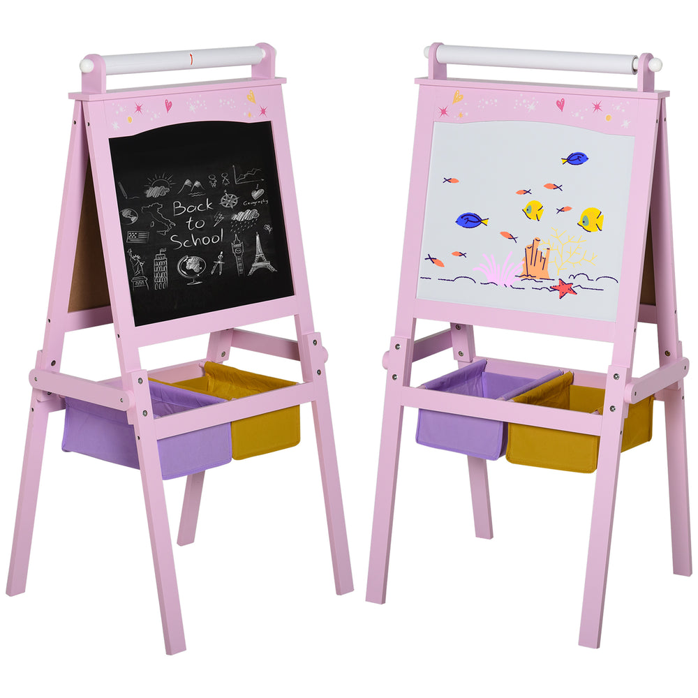 3 in 1 Wooden Art Easel with Paper Roll, Chalkboard and Whiteboard, Pink