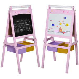 3 in 1 Wooden Art Easel with Paper Roll, Chalkboard and Whiteboard, Pink