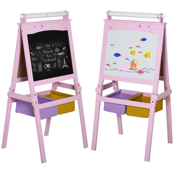 3 in 1 Wooden Art Easel with Paper Roll, Chalkboard and Whiteboard, Pink