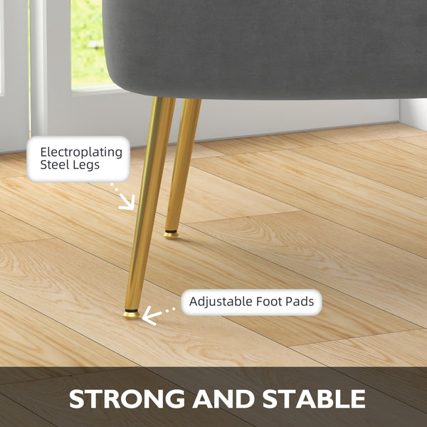 Set of 2 velvet armchairs with gold steel legs and tufted backrest, grey