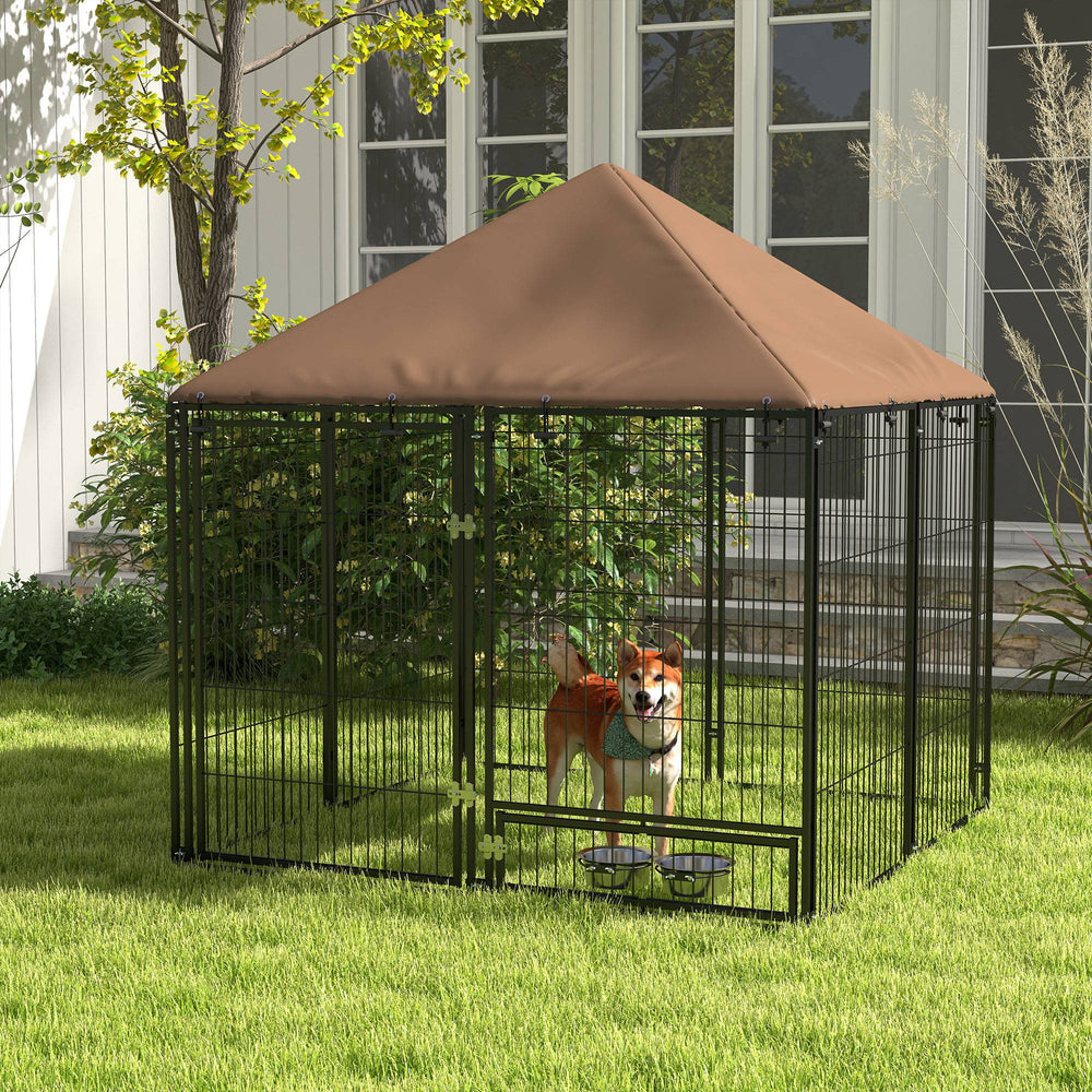 Dog kennel with canopy and swivel bowls, coffee color