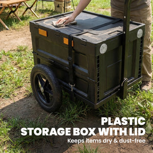 Bicycle trailer with foldable storage box and lid, quick-release wheels, reflective stickers, and safety flag