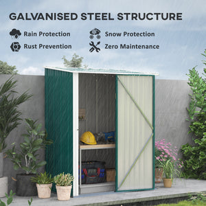 Steel garden shed with single lockable door, green