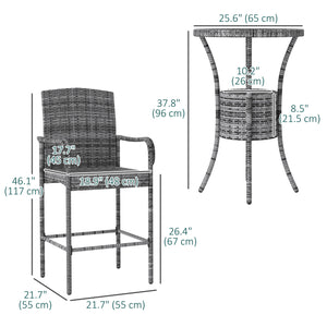 3 Piece Patio Bar Set, Rattan Bistro Table and Chairs, Grey Blend