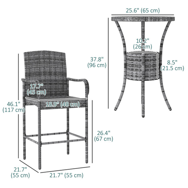 3 Piece Patio Bar Set, Rattan Bistro Table and Chairs, Grey Blend