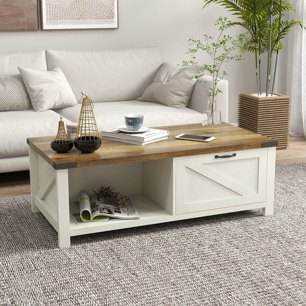 Industrial coffee table with drawer and storage shelf, white and wood effect
