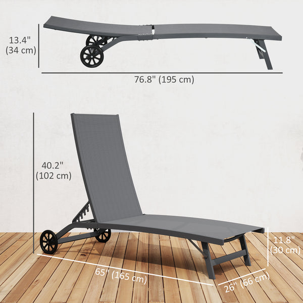 Outdoor Lounge Chair Set of 2, Tanning Chair with Wheels, Breathable Mesh for Patio, Backyard, Poolside, Dark Grey