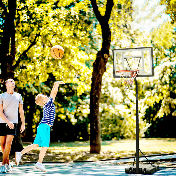 Portable basketball hoop with wheels, adjustable height from 2.4 to 3 m, black