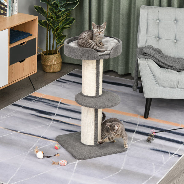 Cat tree with sisal mat, scratching post, basket, cushion and perch, gray