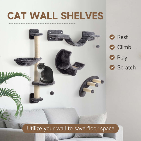 Cat climbing wall with scratching post, balls and platforms, dark grey