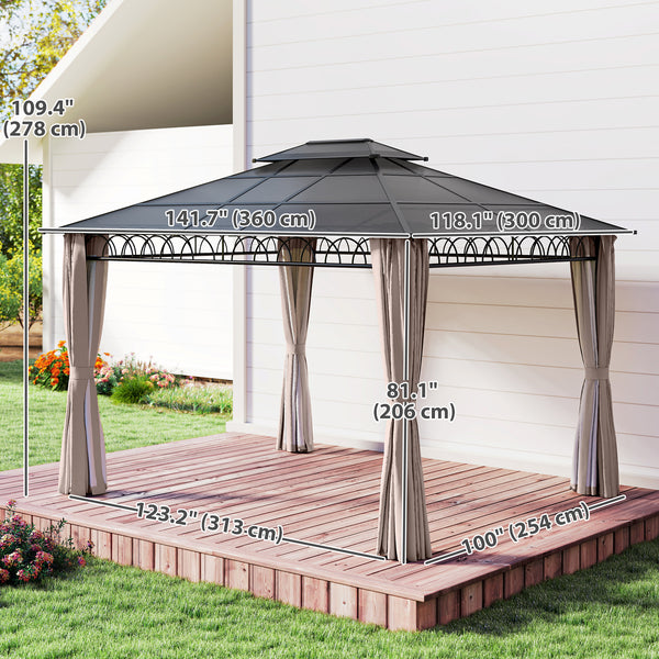 10' x 12' Outdoor Gazebo Canopy, Double Roof Hardtop Gazebo with Polycarbonate Roof, Steel Frame, Nettings and Curtains, for Garden, Lawn, Backyard and Deck, Khaki