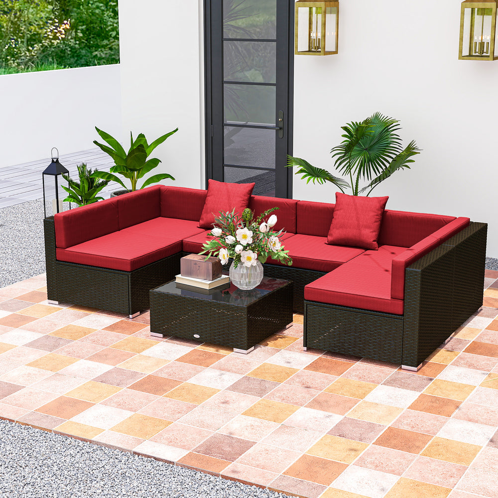 7 Piece Wicker Patio Sectional Set, Wine Red