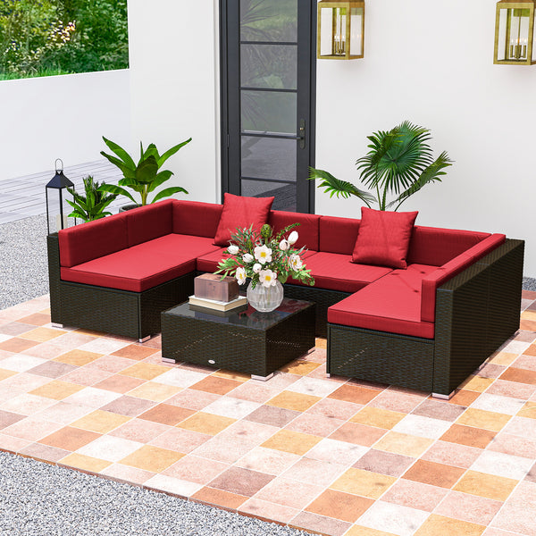 7 Piece Wicker Patio Sectional Set, Wine Red
