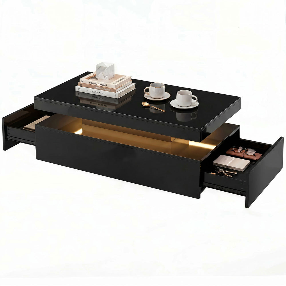 Glossy Black 2-Tier 2-Drawer Coffee Table with Storage for Living Room