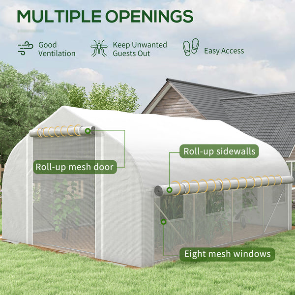 Tunnel greenhouse with roll-up, zippered side panels 